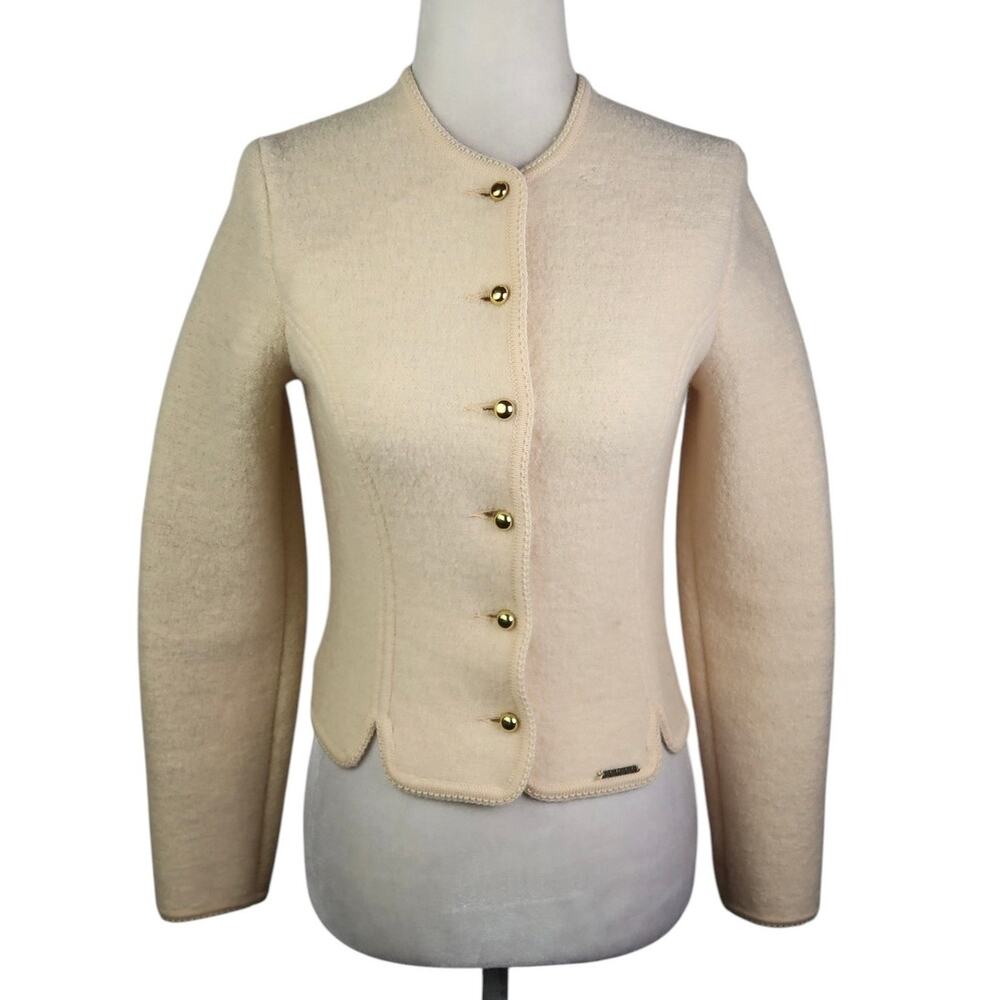 Vintage 80s Geiger Cream Boiled Wool Cardigan Sweater Jacket XS